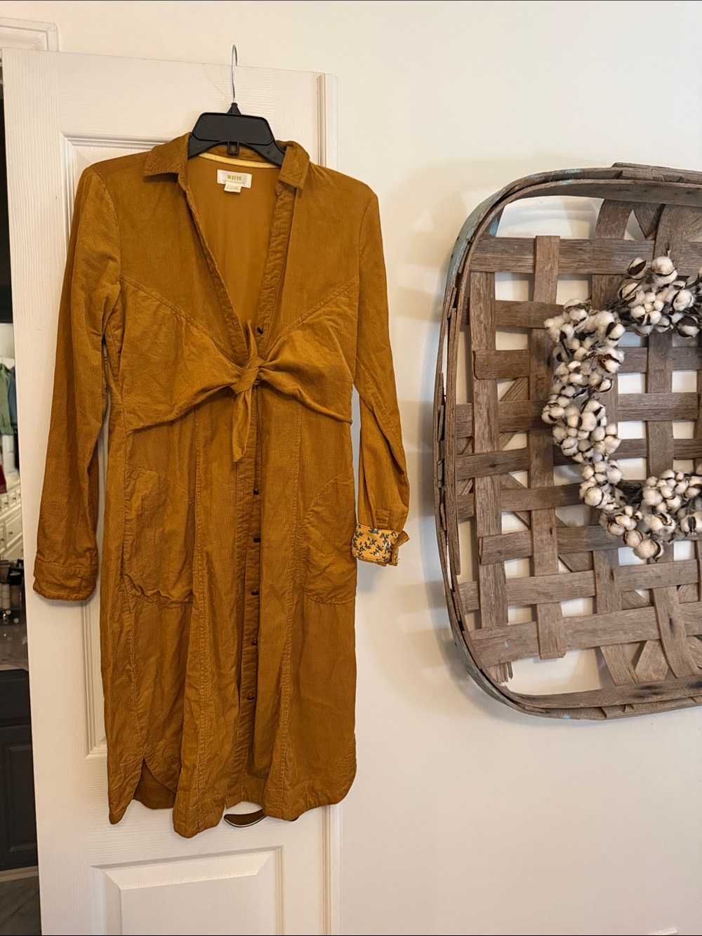Anthropologie Maeve Mustard Coduroy Tie-Front Long Sleeve Dress